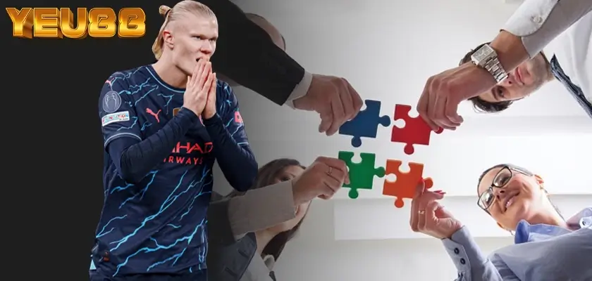 a man with blonde hair and a group of hands holding puzzle pieces